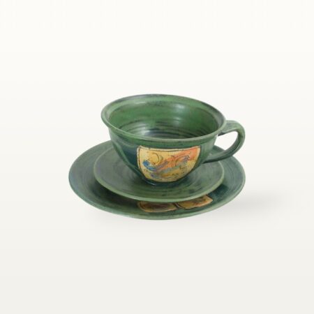 große Tasse mit Unterteller und Frühstücksteller - Aquarell